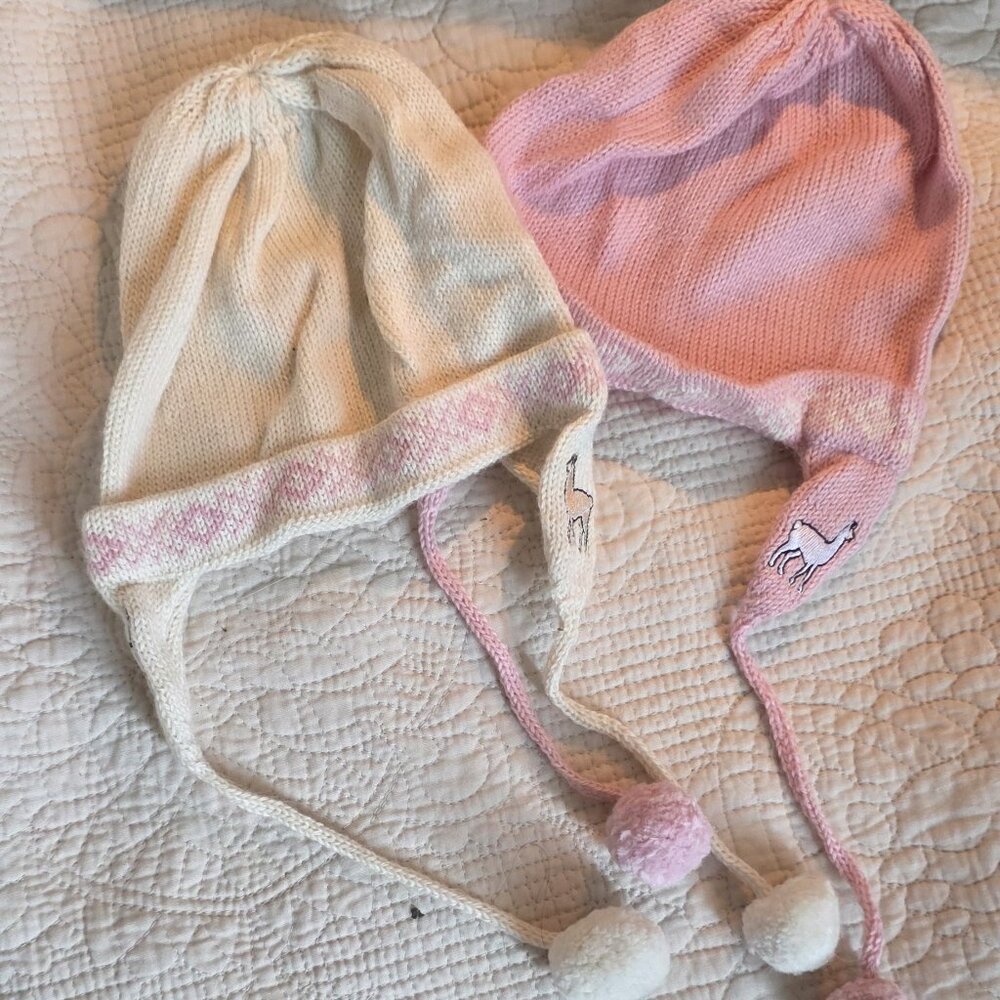 Toddler Alpaca Chuyo Hats – Embroidered with Pompoms – Pink & White – Perfect fo